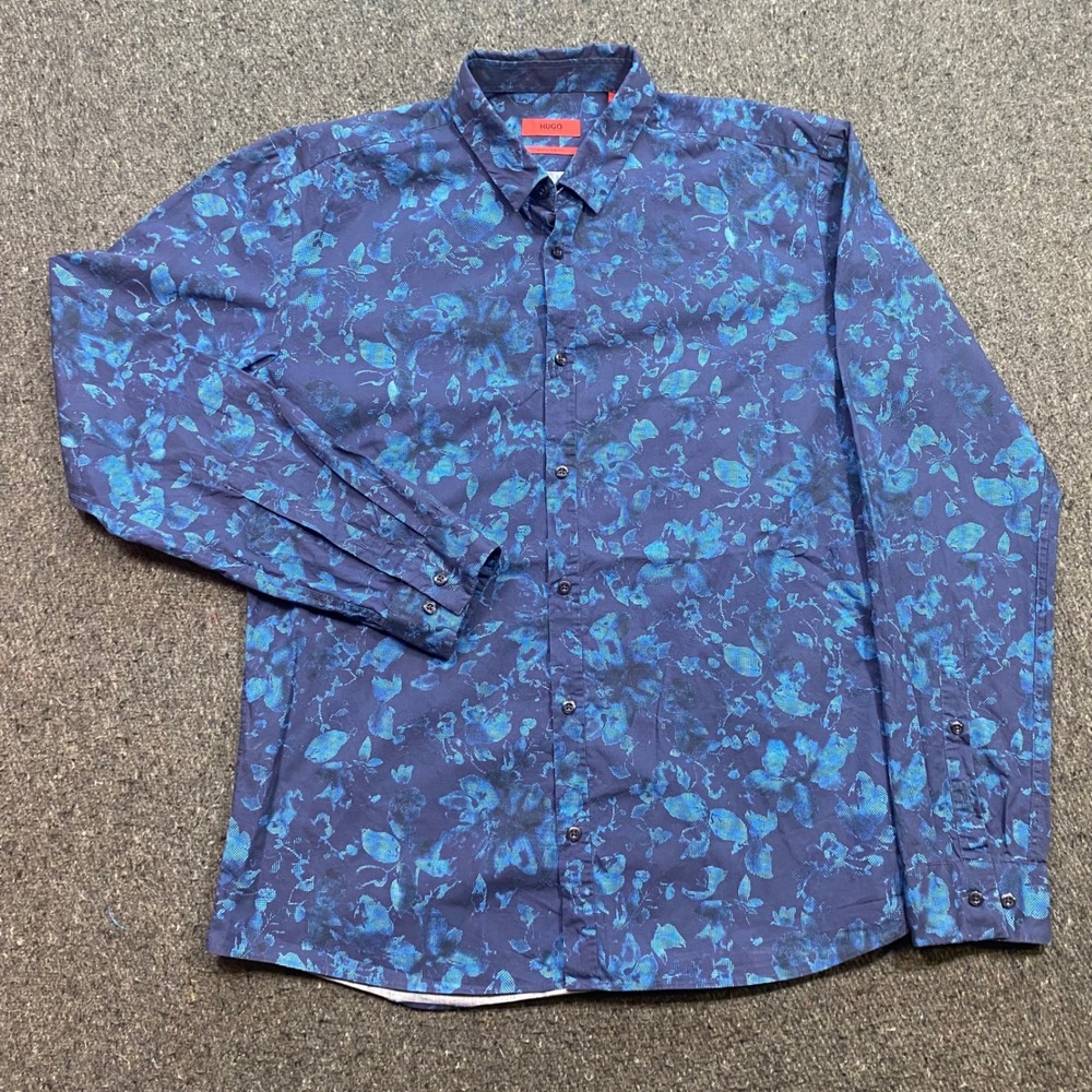 Hugo Boss Hugo Shirt Sz L Mens Blue Floral Halftone Extra Slim Fit Button Down